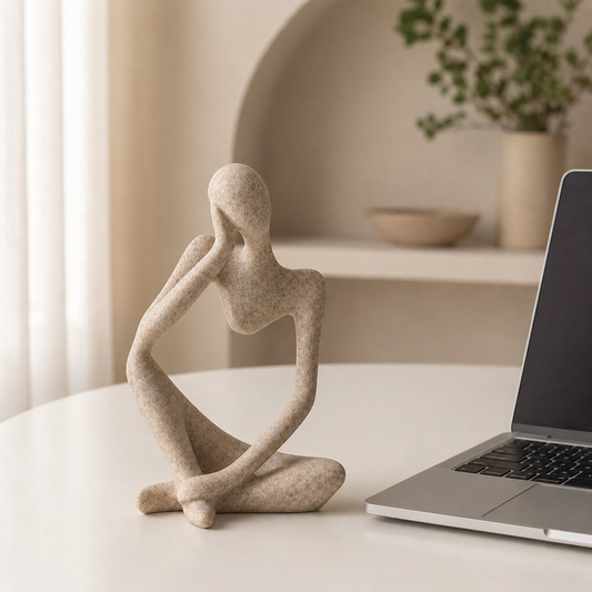 Warm stone-like abstract sculpture styled in a calm Japandi interior