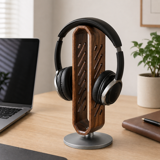 Walnut headphone stand for warm home office audio storage