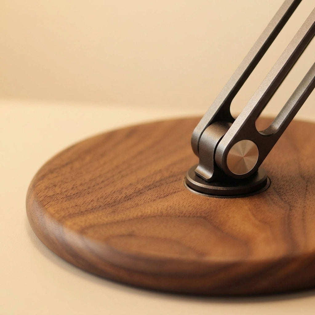 Warm minimalist walnut tablet stand for desk video calls and reading