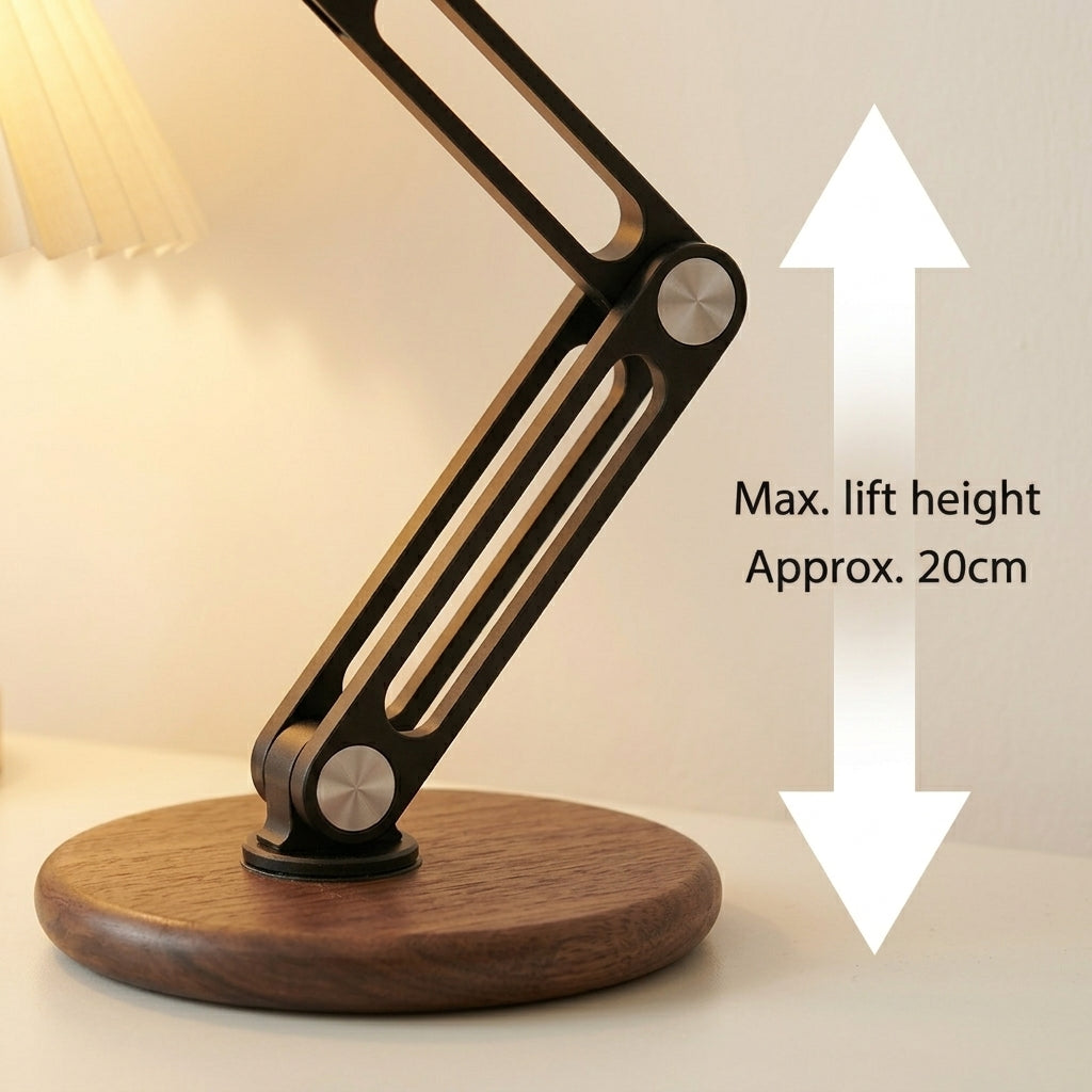 Adjustable walnut and aluminum device stand with 360 degree rotation detail