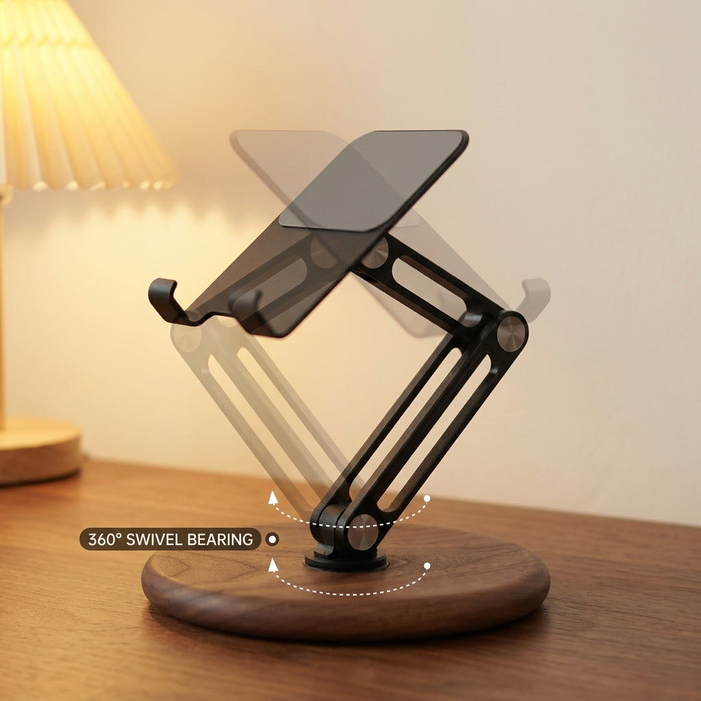 Walnut phone and tablet stand holding a device for home office viewing