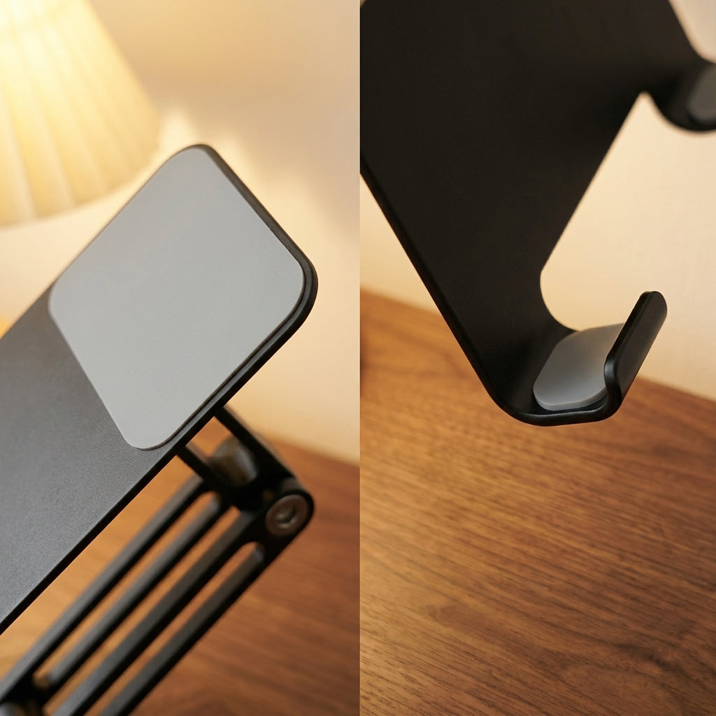 Close up of walnut base and aluminum arm on NORVEN adjustable device stand