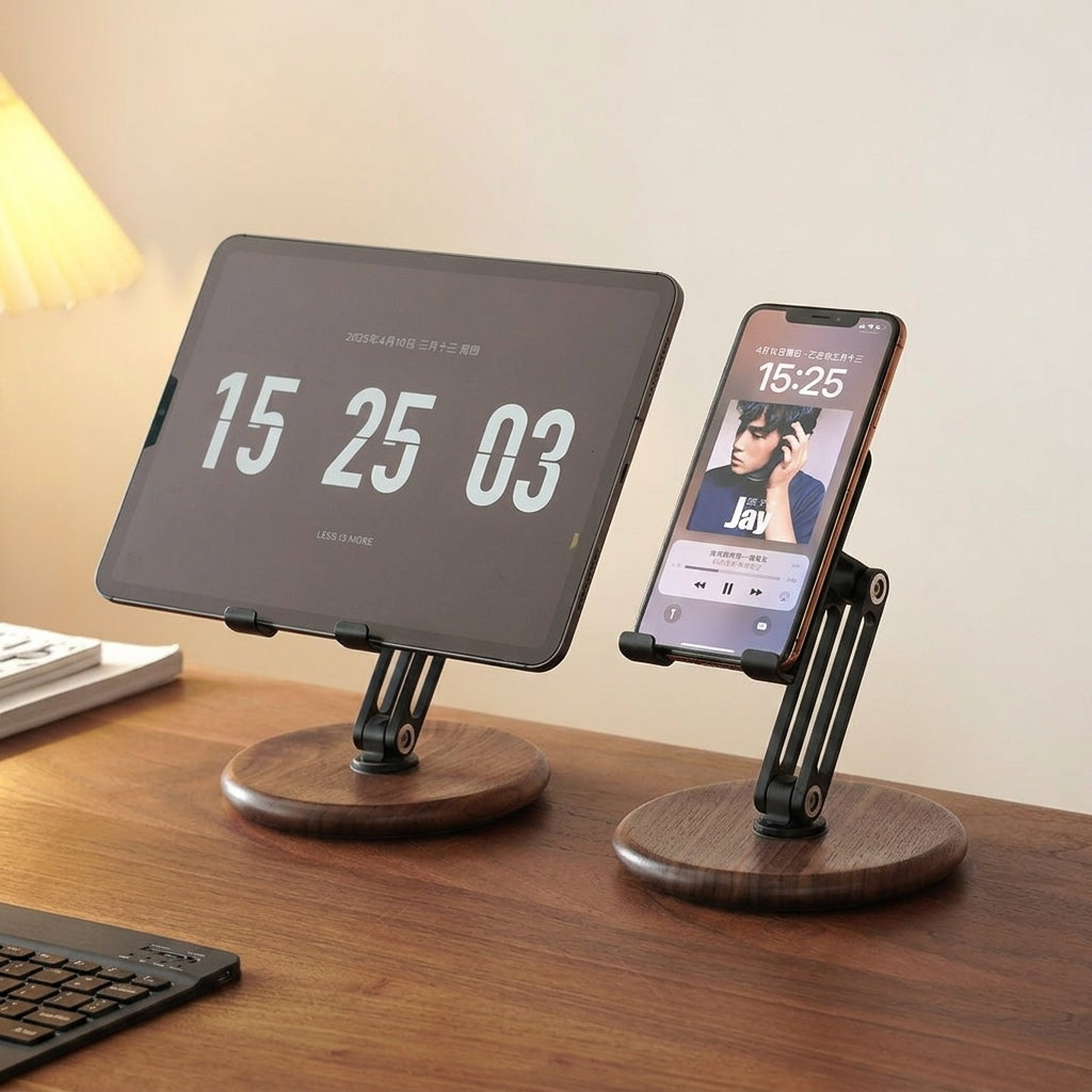 NORVEN adjustable walnut phone and tablet stand side view on a minimalist desk