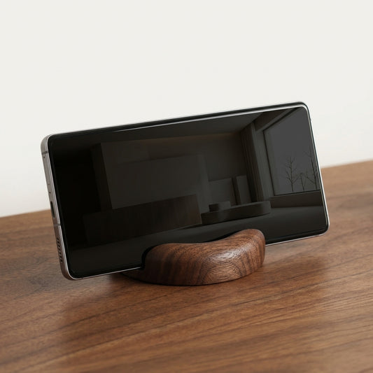 Round walnut phone stand holding a smartphone on a calm desk setup