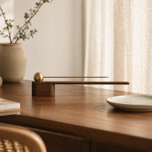 Walnut incense holder with brass detail styled on a warm Japandi shelf