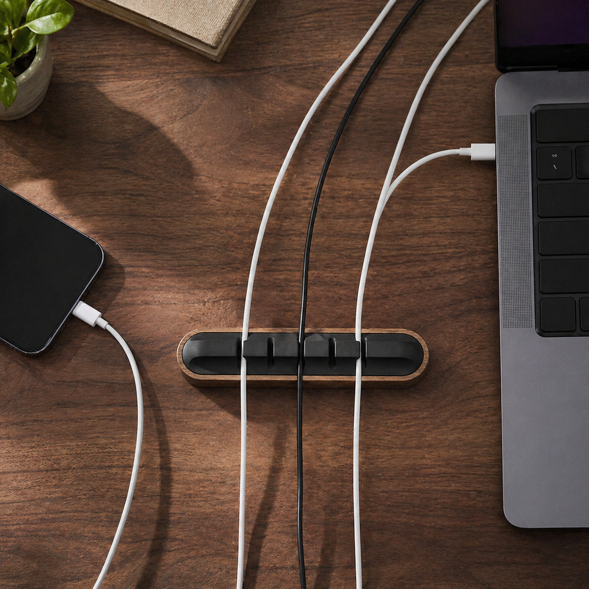 Close up of walnut cable management slots for USB-C and phone cables