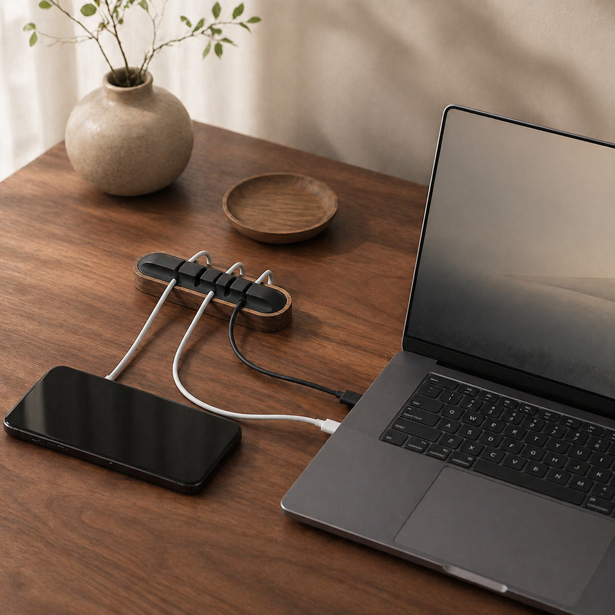 Walnut cable management bar organizing charging cables on a warm workspace