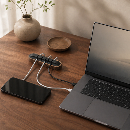 Walnut cable management bar organizing charging cables on a warm workspace