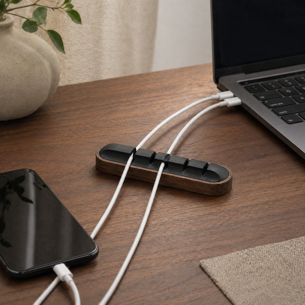 Low profile walnut cable organizer for desk edge and home office cable routing