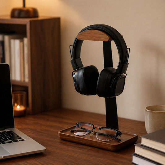 Walnut headphone stand with tray organizing headphones and small desk essentials