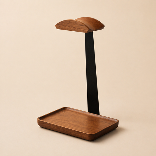 NORVEN walnut headphone stand with catchall tray for a warm minimalist desk